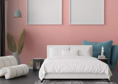 Two rectangular white paintings hang on a light pink wall, a luxurious light blue upholstered armchair with a pillow, a coffee table with gold decor next to it, a modern minimal interior Wall mural