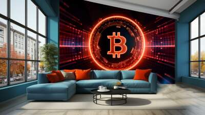 Bitcoin cryptocurrency images 3d render and neon background. Wall mural