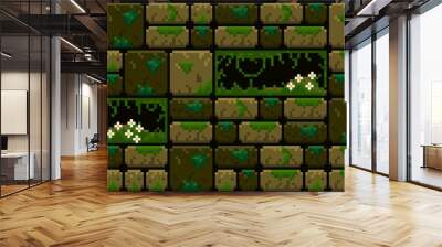 Pixel art dungeon tile set design with green moss, white flower and shadowing. 2D brick green wall, earth tone texture. Ground texture tile seamless pattern. Assets for game, background, wallpaper. Wall mural