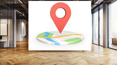 Red location pin sign icon and gps navigation map road direction with find route mark travel destination navigator. 3D rendering Wall mural