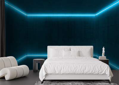 3d room, bright blue neon light lines Wall mural