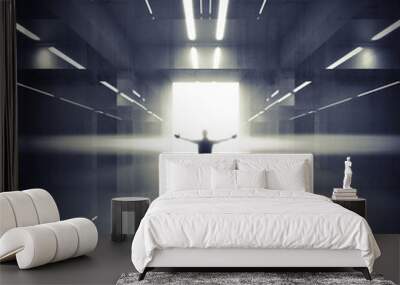 Abstract dark interior with lights, glowing door and man silhoue Wall mural