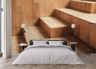 Abstract empty interior, natural wooden stairs Wall mural