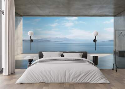 Abstract empty minimal open space concrete inerior with sunlight and an ocean view, 3d rendering, AI generated image Wall mural