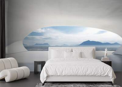 Abstract empty minimal white concrete inerior with an ocean view, 3d rendering, AI generated image Wall mural