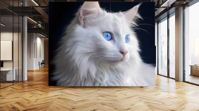 Close up portrait of fluffy white cat with blue eyes over black background, AI generated image Wall mural