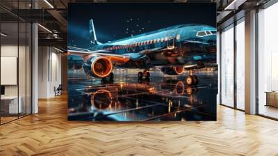 Jet plane model with glowing wire-frame neon lines, High-tech fast data transfer concept Wall mural