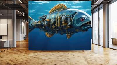 Mechanical submarine fish is in blue ocean water, abstract underwater illustration, AI generated image Wall mural