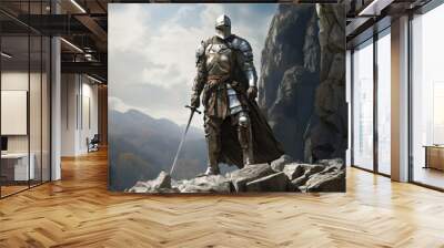 Medieval knight in dark decorated armor with a sword stands on a rock on a sunny day, close up Wall mural