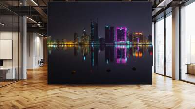 night modern city skyline panorama with neon lights Wall mural