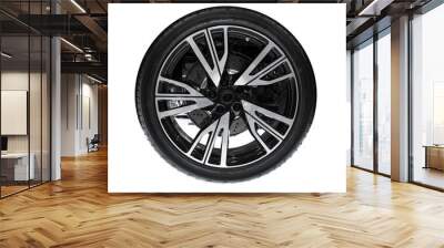 Photo of new automotive wheel on black disc isolated on white ba Wall mural