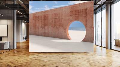 Round door in concrete wall under cloudy sky, 3d Wall mural