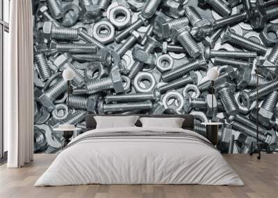 Shining bolts and nuts, blue toned photo Wall mural