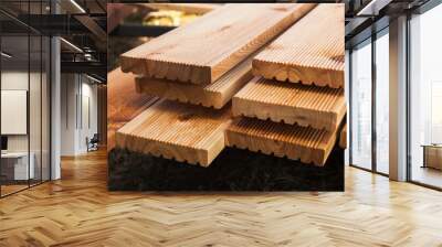 Stacked larch deck boards, close up outdoor photo Wall mural