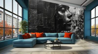 Textured black and white composition with woman face, including grayscale tones and bold strokes, exemplifying a modern, avant-garde artistic style Wall mural