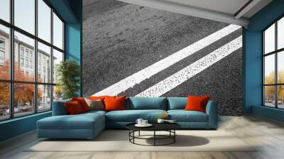 White double dividing line over black highway Wall mural