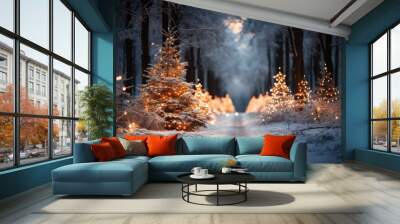 Winter forest background with a road perspective and Christmas trees decorated with garland lights Wall mural