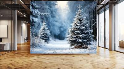 Winter forest background with a road perspective and Christmas trees under snow Wall mural