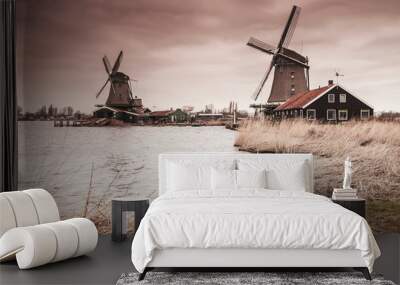 Wooden windmills on Zaan river coast Wall mural