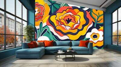 A bold and modern floral illustration featuring large flowers with striking colors on a yellow background. Suitable for posters, modern home decor, fabric prints, and contemporary greeting cards. Wall mural