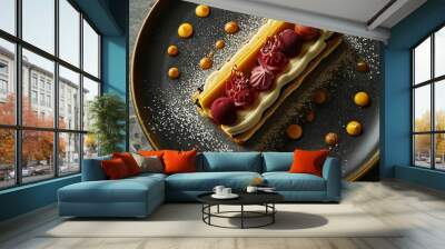 A sophisticated eclair filled with cream and adorned with red fruits, elegantly placed on a dark plate with golden sauce accents, perfect for upscale patisseries and culinary portfolios. Wall mural