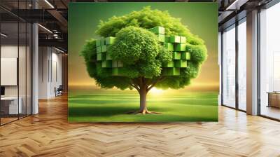 A surreal image of a tree with cubical green foliage, set against a vibrant green background. Wall mural