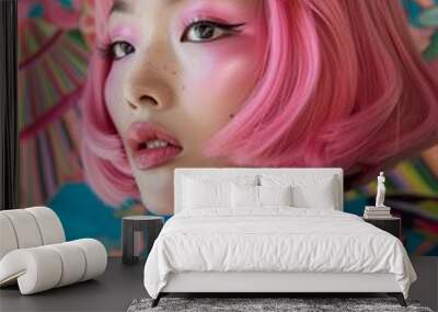 A woman with striking pink hair and makeup in a colorful floral kimono, embodying contemporary fashion and vibrant youth culture. Wall mural