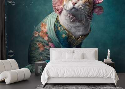 Cat mermaid cute fairytale illustration, generative AI art Wall mural