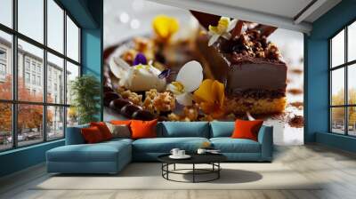 Elegant gourmet chocolate dessert adorned with edible flowers and artistic chocolate garnish, suitable for fine dining advertising and menus Wall mural