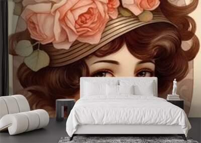 Vintage portrait of attractive woman wearing hat with flowers Wall mural