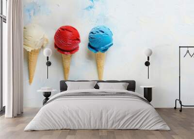 Red, white, and blue ice cream cones on a textured white background. Wall mural