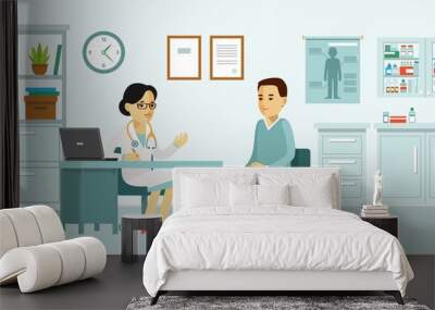 Medicine concept with doctor and patient in flat style. Practitioner doctor woman and young man patient in hospital medical office. Consultation and diagnosis. Wall mural