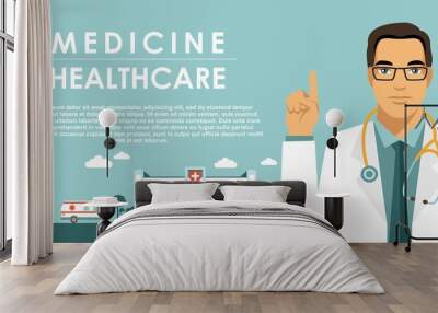 Medicine concept with doctor in flat style isolated on blue background. Practitioner young islam doctor man, hospital building, ambulance car and helicopter. Medical staff. Wall mural