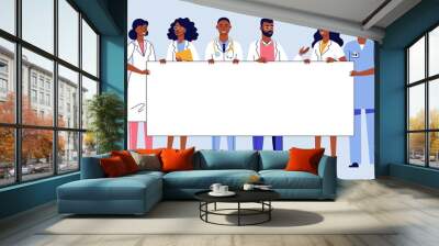 Medicine team concept with different black doctors and blank banner with copy space for text. Wall mural