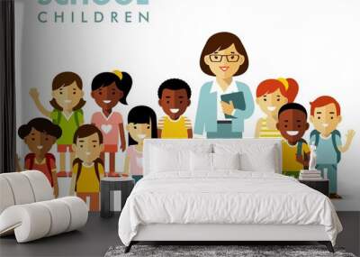 School children and teacher in flat style Wall mural