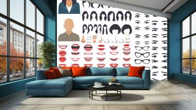  
vector illustration of woman face parts, character head, eyes, mouth, lips, hair and eyebrow icon set Wall mural