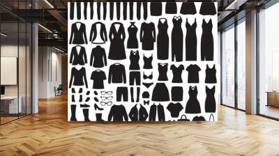 vector illustration of set women fashion clothes silhouette, dress, shirt, shoes, jeans, jacket coll Wall mural