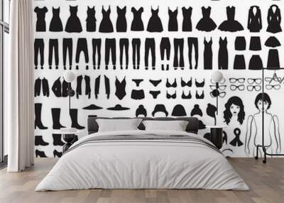 woman fashion icons, paper doll, isolated clothing silhouette Wall mural