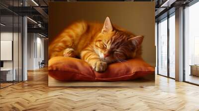 Adorable sleepy cat peacefully napping on a soft beige pillow against neutral background Wall mural