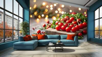 Charming still life featuring fresh vegetables on wooden board with cozy fabric background Wall mural