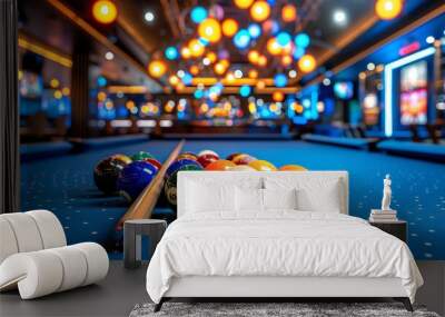 Vibrant neon lit billiard table with cue and pool balls under colorful wall lights Wall mural