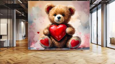 A teddy bear holds a red heart in his hands on a background of flowers as a gift for Valentine's Day, mother's Day, wedding, birthday.  Wall mural