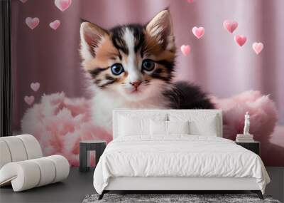 The kitten lies in a pink hearts. A cat sit in purple balloons for Valentine's Day. Romantic concept: love, tenderness. High quality photo Wall mural