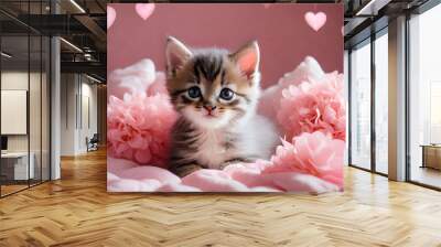 The kitten lies in a pink hearts. A cat sit in purple balloons for Valentine's Day. Romantic concept: love, tenderness. High quality photo Wall mural