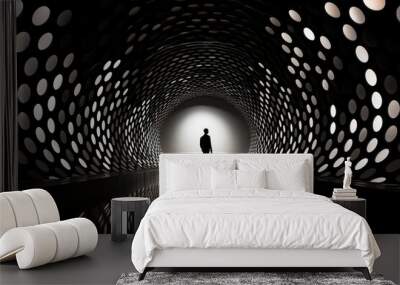 A man stands inside a black and white perspective tunnel Wall mural