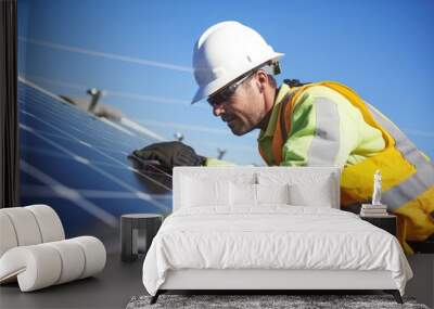 A worker is installing and inspecting solar panels Wall mural