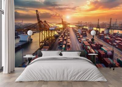 Aerial View of Shipping Port at Sunset Wall mural