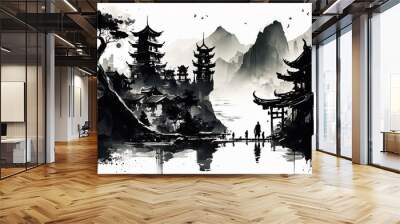 AI generated, Chinese ink and wash ancient architectural landscape map Wall mural