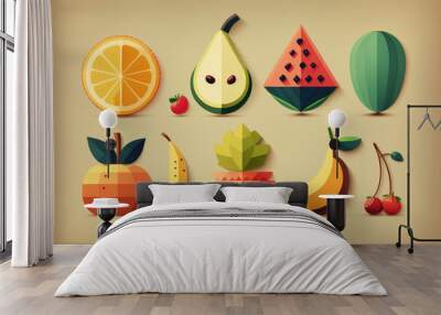 Flat fruit icon combination AI generated Wall mural