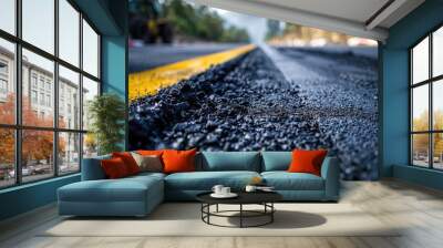 Freshly Paved Asphalt Road with Yellow Line Wall mural